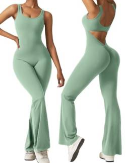 Vertvie Damen Jumpsuit Flared Eng Scrunch Butt Bodysuit Lang Yoga Ärmellos Overall Sport Rückenfrei Einteiler Bootcut Onepiece Ganzkörperanzug Sexy Playsuits Gym Workout Bodycon,Hellgrün,L von Vertvie