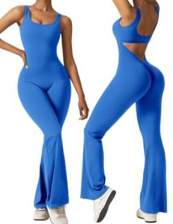 Vertvie Damen Jumpsuit Flared Eng Scrunch Butt Bodysuit Lang Yoga Ärmellos Overall Sport Rückenfrei Einteiler Bootcut Onepiece Ganzkörperanzug Sexy Playsuits Gym Workout Bodycon,Königsblau,XS von Vertvie