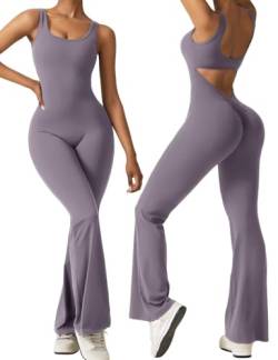 Vertvie Damen Jumpsuit Flared Eng Scrunch Butt Bodysuit Lang Yoga Ärmellos Overall Sport Rückenfrei Einteiler Bootcut Onepiece Ganzkörperanzug Sexy Playsuits Gym Workout Bodycon,Lila,L von Vertvie