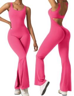 Vertvie Damen Jumpsuit Flared Eng Scrunch Butt Bodysuit Lang Yoga Ärmellos Overall Sport Rückenfrei Einteiler Bootcut Onepiece Ganzkörperanzug Sexy Playsuits Gym Workout Bodycon,Rosa,S von Vertvie