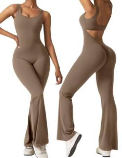 Vertvie Damen Jumpsuit Flared Eng Scrunch Butt Bodysuit Lang Yoga Ärmellos Overall Sport Rückenfrei Einteiler Bootcut Onepiece Ganzkörperanzug Sexy Playsuits Gym Workout Bodycon,Sand,M von Vertvie