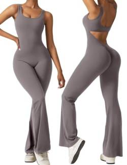 Vertvie Damen Jumpsuit Flared Eng Scrunch Butt Bodysuit Lang Yoga Ärmellos Overall Sport Rückenfrei Einteiler Bootcut Onepiece Ganzkörperanzug Sexy Playsuits Gym Workout Bodycon,Tee,XL von Vertvie