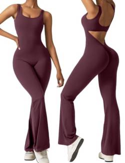 Vertvie Damen Jumpsuit Flared Eng Scrunch Butt Bodysuit Lang Yoga Ärmellos Overall Sport Rückenfrei Einteiler Bootcut Onepiece Ganzkörperanzug Sexy Playsuits Gym Workout Bodycon,Weinrot,M von Vertvie