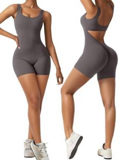 Vertvie Damen Jumpsuit Kurz Eng Scrunch Butt Bodysuit Sexy Rückenfrei Ärmellose Playsuit Stretch Sport Overall One Piece Ganzkörperanzug Romper Yoga Fitness Workout (Grau,XS) von Vertvie