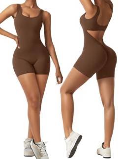 Vertvie Damen Jumpsuit Kurz Eng Scrunch Butt Bodysuit Sexy Rückenfrei Ärmellose Playsuit Stretch Sport Overall One Piece Ganzkörperanzug Romper Yoga Fitness Workout (Kaffee,XS) von Vertvie