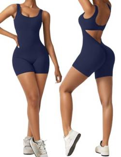 Vertvie Damen Jumpsuit Kurz Eng Scrunch Butt Bodysuit Sexy Rückenfrei Ärmellose Playsuit Stretch Sport Overall One Piece Ganzkörperanzug Romper Yoga Fitness Workout (Marine Blau,M) von Vertvie