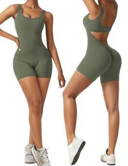 Vertvie Damen Jumpsuit Kurz Eng Scrunch Butt Bodysuit Sexy Rückenfrei Ärmellose Playsuit Stretch Sport Overall One Piece Ganzkörperanzug Romper Yoga Fitness Workout (Olive Grün,M) von Vertvie