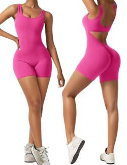 Vertvie Damen Jumpsuit Kurz Eng Scrunch Butt Bodysuit Sexy Rückenfrei Ärmellose Playsuit Stretch Sport Overall One Piece Ganzkörperanzug Romper Yoga Fitness Workout (Rose,XS) von Vertvie