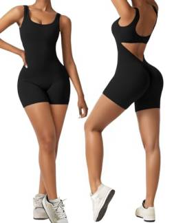 Vertvie Damen Jumpsuit Kurz Eng Scrunch Butt Bodysuit Sexy Rückenfrei Ärmellose Playsuit Stretch Sport Overall One Piece Ganzkörperanzug Romper Yoga Fitness Workout (Schwarz,M) von Vertvie