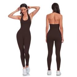 Vertvie Damen Jumpsuit Neckholder Ärmellose Lang Eng Bodysuit Sexy Rückenfrei Scrunch Butt Ganzkörperanzug Romper One Piece Gerippte Playsuit Yoga Workout Sport(Kaffee,S) von Vertvie