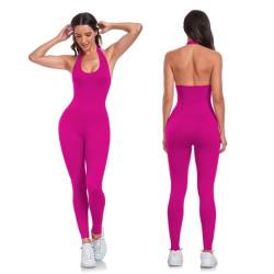 Vertvie Damen Jumpsuit Neckholder Ärmellose Lang Eng Bodysuit Sexy Rückenfrei Scrunch Butt Ganzkörperanzug Romper One Piece Gerippte Playsuit Yoga Workout Sport(Rose,S) von Vertvie