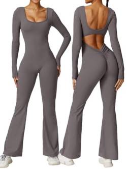 Vertvie Damen Langarm Flared Jumpsuit V Back Scrunch Butt Bodysuit Sexy Backless Eng Yoga Sport Bodycon Romper Ganzkörperanzug(Grau,XL) von Vertvie