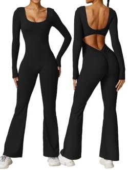 Vertvie Damen Langarm Flared Jumpsuit V Back Scrunch Butt Bodysuit Sexy Backless Eng Yoga Sport Bodycon Romper Ganzkörperanzug(Schwarz,M) von Vertvie