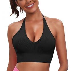 Vertvie Damen Neckholder Sport BH Rückenfrei Tiefer V Ausschinitt Sport Bustier Gepolstert Sexy Gym Push Up Bra Backless Verstellbare Träger(1pc: Schwarz,L) von Vertvie