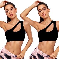 Vertvie Damen One Shoulder Sport BH Sexy Bügellos Workout Bra Gepolstert Tank BH Push Up Bequem Yoga Bralette Fitness Training Mittlere Unterstützung (Schwarz + Schwarz, L) von Vertvie