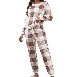 Vertvie Damen Schlafanzug Zweiteiliger Verdickt Warm Flanell Lang Pyjama Set Plüsch Herbst Winter Nachtwäsche Fleece Sleepwear Kuschelig Loungewear Hausanzug mit Karierte Hose (Kariert Khaki,M) von Vertvie