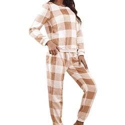 Vertvie Damen Schlafanzug Zweiteiliger Verdickt Warm Flanell Lang Pyjama Set Plüsch Herbst Winter Nachtwäsche Fleece Sleepwear Kuschelig Loungewear Hausanzug mit Karierte Hose (Kariert Orange,S) von Vertvie