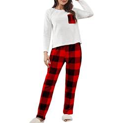 Vertvie Damen Schlafanzug Zweiteiliger Verdickt Warm Flanell Lang Pyjama Set Plüsch Herbst Winter Nachtwäsche Fleece Sleepwear Kuschelig Loungewear Hausanzug mit Karierte Hose (Rot, L) von Vertvie