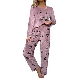 Vertvie Damen Schlafanzug Zweiteiliger Verdickt Warm Flanell Lang Pyjama Set Plüsch Herbst Winter Nachtwäsche Fleece Sleepwear Kuschelig Loungewear Rundhals Hausanzug (Pink Lila, XL) von Vertvie