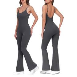 Vertvie Damen Sport Jumpsuit Flared Leg Lang Eng Ärmellos Bodysuit Nahtlose Rückenfrei One Piece Gerippte Bodycon Yoga Outfit Fitness (Dunkelgrau,L) von Vertvie