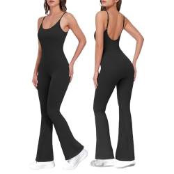 Vertvie Damen Sport Jumpsuit Flared Leg Lang Eng Ärmellos Bodysuit Nahtlose Rückenfrei One Piece Gerippte Bodycon Yoga Outfit Fitness (Schwarz,S) von Vertvie