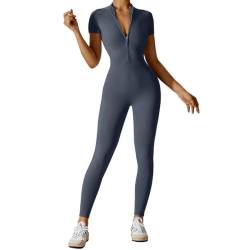 Vertvie Damen Sport Jumpsuit Kurzarm V-Ausschnitt Sport Playsuit mit Reißverschluss Nahtloser Eng Yoga Bodycon Ganzkörperanzug(Dunkelblau,S) von Vertvie