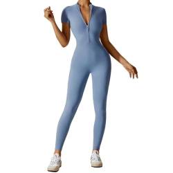 Vertvie Damen Sport Jumpsuit Kurzarm V-Ausschnitt Sport Playsuit mit Reißverschluss Nahtloser Eng Yoga Bodycon Ganzkörperanzug(Hellblau,M) von Vertvie