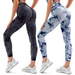 Vertvie Damen Sport Leggings V Cross Stretch Push Up Yogahose Booty Scrunch Fitness Hose High Waist Nahtlos Workout Lang Sporthose Butt Lift Blickdicht Gym Legging Laufhose(Tie Dye Schwarz/Hellblau,XS von Vertvie