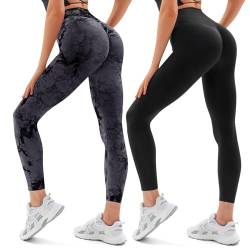 Vertvie Damen Sport Leggings V Cross Stretch Push Up Yogahose Booty Scrunch Fitness Hose High Waist Nahtlos Workout Lang Sporthose Butt Lift Blickdicht Gym Leggings Laufhose(Schwarz/Tie Dye Schwarz,XS von Vertvie