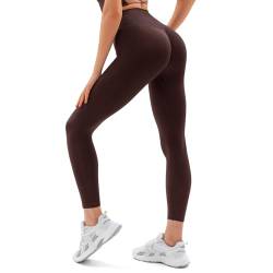 Vertvie Damen Sport Leggings V Cross Stretch Push Up Yogahose Booty Scrunch Fitness Hosen High Waist Nahtlos Workout Lang Sporthose Butt Lift Blickdicht Gym Leggings Laufhose (Dunkelbraun, L) von Vertvie