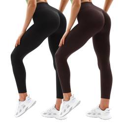 Vertvie Damen Sport Leggings V Cross Stretch Push Up Yogahose Booty Scrunch Fitness Hosen High Waist Nahtlos Workout Lang Sporthose Butt Lift Blickdicht Gym Leggings Laufhose (Schwarz/Dunkelbraun, XS) von Vertvie