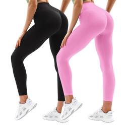 Vertvie Damen Sport Leggings V Cross Stretch Push Up Yogahose Booty Scrunch Fitness Hosen High Waist Nahtlos Workout Lang Sporthose Butt Lift Blickdicht Gym Leggings Laufhose (Schwarz/Rose, M) von Vertvie