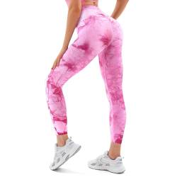 Vertvie Damen Sport Leggings V Cross Stretch Push Up Yogahose Booty Scrunch Fitness Hosen High Waist Nahtlos Workout Lang Sporthose Butt Lift Blickdicht Gym Leggings Laufhose (Tie Dye Rosa, M) von Vertvie