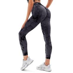 Vertvie Damen Sport Leggings V Cross Stretch Push Up Yogahose Booty Scrunch Fitness Hosen High Waist Nahtlos Workout Lang Sporthose Butt Lift Blickdicht Gym Leggings Laufhose (Tie Dye Schwarz, L) von Vertvie