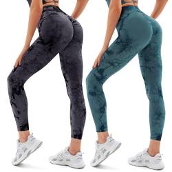 Vertvie Damen Sport Leggings V Cross Stretch Push Up Yogahose Booty Scrunch Fitness Hosen High Waist Nahtlos Workout Lang Sporthose Butt Lift Blickdicht Gym Leggings Laufhose (Tie Dye Schwarz/Grün, S) von Vertvie