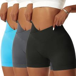 Vertvie Damen Sportshorts Scrunch Butt V Cross High Wasit Nahtlose Shorts Kurze Leggings Radlershorts Boxershorts Sommer(3pcs Schwarz+Grau+Blue,S) von Vertvie