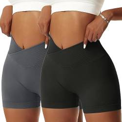 Vertvie Damen Sportshorts Scrunch Butt V Cross High Wasit Nahtlose Shorts Kurze Push Up Leggings Radlershorts Boxershorts Sommer(2pcs Schwarz+Grau,S) von Vertvie