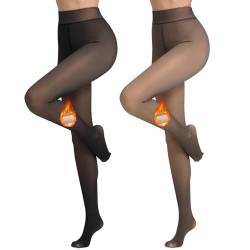 Vertvie Damen Thermo Strumpfhose Translucent Winter Leggings mit Innenfleece High Waist Gefütterte Plüschstrümpfe Durchscheinend Warmhaltende Pantyhose (2pc Translucent Braun/Schwarz, 300g für -5~10℃) von Vertvie