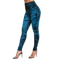 Vertvie Damen Treggings Jeggings Leggings Jeans Look Skinny Hose Hohe Taile Tights Druck Stretch Freizeithose(Tie-Dye Blau, L) von Vertvie