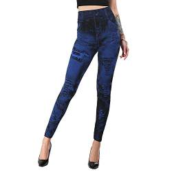 Vertvie Damen Treggings Jeggings Leggings Jeans Look Skinny Hose Hohe Taile Tights Druck Stretch Freizeithose(Tie-Dye Dunkelblau, M) von Vertvie