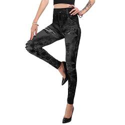 Vertvie Damen Treggings Jeggings Leggings Jeans Look Skinny Hose Hohe Taile Tights Druck Stretch Freizeithose(Tie-Dye Reines Schwarz, 3XL) von Vertvie