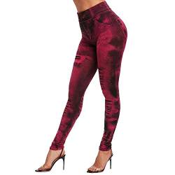 Vertvie Damen Treggings Jeggings Leggings Jeans Look Skinny Hose Hohe Taile Tights Druck Stretch Freizeithose(Tie-Dye Rot, 3XL) von Vertvie