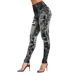 Vertvie Damen Treggings Jeggings Leggings Jeans Look Skinny Hose Hohe Taile Tights Druck Stretch Freizeithose(Tie-Dye Schwarz, XL) von Vertvie