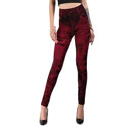 Vertvie Damen Treggings Jeggings Leggings Jeans Look Skinny Hose Hohe Taile Tights Druck Stretch Freizeithose(Tie-Dye Weinrot, 3XL) von Vertvie