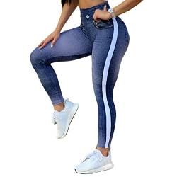Vertvie Damen Treggings Jeggings Leggings Jeans Look Skinny Hose Hohe Taile Tights Druck Stretch Freizeithose (Dunkelblau Seitenlinie, XL) von Vertvie