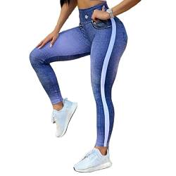 Vertvie Damen Treggings Jeggings Leggings Jeans Look Skinny Hose Hohe Taile Tights Druck Stretch Freizeithose (Hellblau Seitenlinie, L) von Vertvie