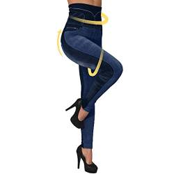 Vertvie Damen Treggings Jeggings Leggings Jeans Look Skinny Hose Hohe Taile Tights Druck Stretch Freizeithose (L, Dunkelblau V Form) von Vertvie