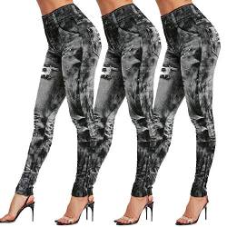 Vertvie Damen Treggings Jeggings Leggings Jeans Look Skinny Hose Hohe Taile Tights Druck Stretch Freizeithose (M, 3 Pack Tie-Dye Schwarz) von Vertvie