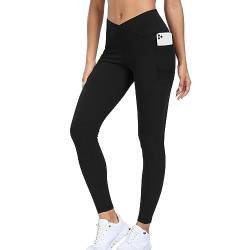 Vertvie Damen V Cross Sport Leggings Stretch High Waist Yogahose mit Versteckt Gesäßtasche Push Up Blickdicht Gym Leggings Elastische Workout Dick Laufhose Slim Fit Fitnesshose(V Crossover Schwarz, S) von Vertvie