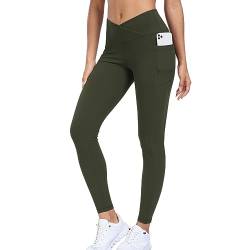 Vertvie Damen V Cross Sport Leggings Stretch High Waist Yogahose mit Versteckt Gesäßtasche Push Up Blickdicht Gym Leggings Elastische Workout Laufhose Slim Fit Fitnesshose (V Crossover Olivgrün, XL) von Vertvie